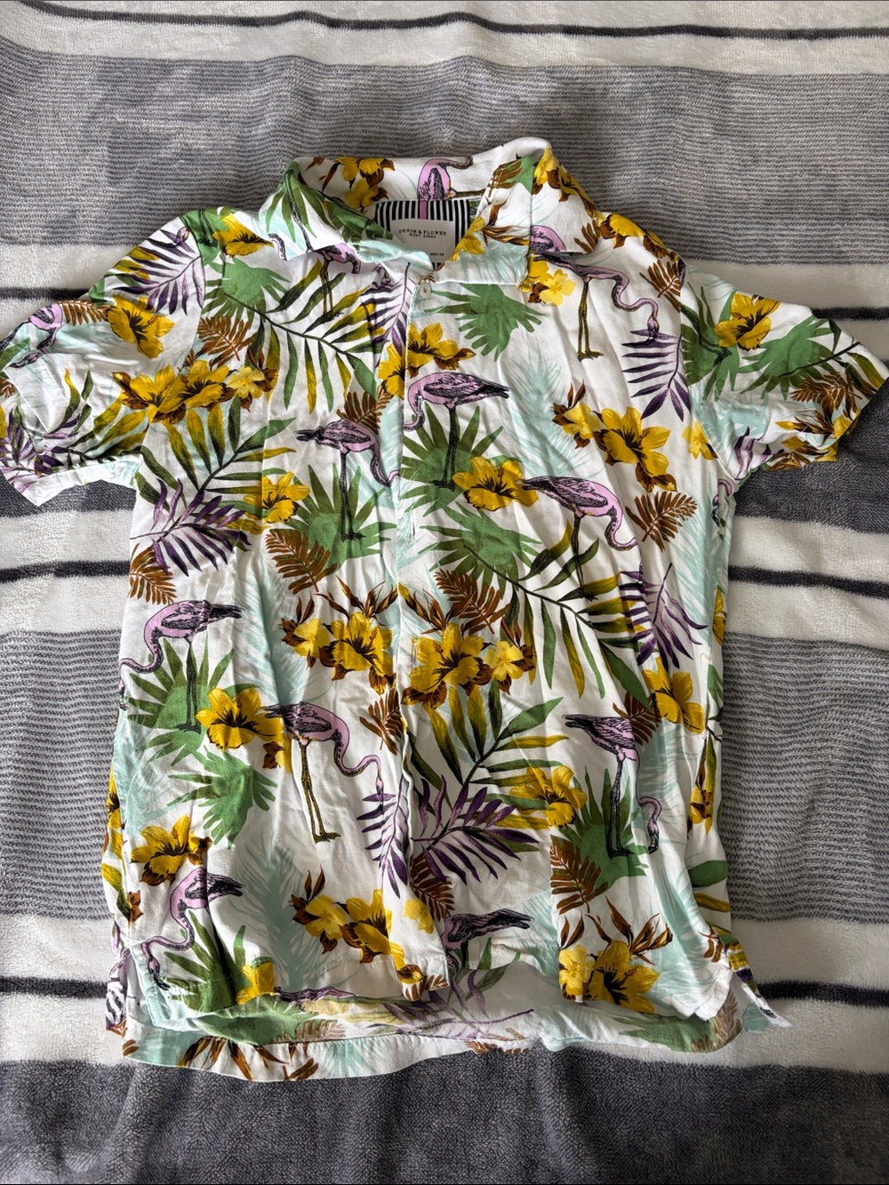 Denim & Flower White Tropical Button-Down Shirt with Yellow, Green & Purple